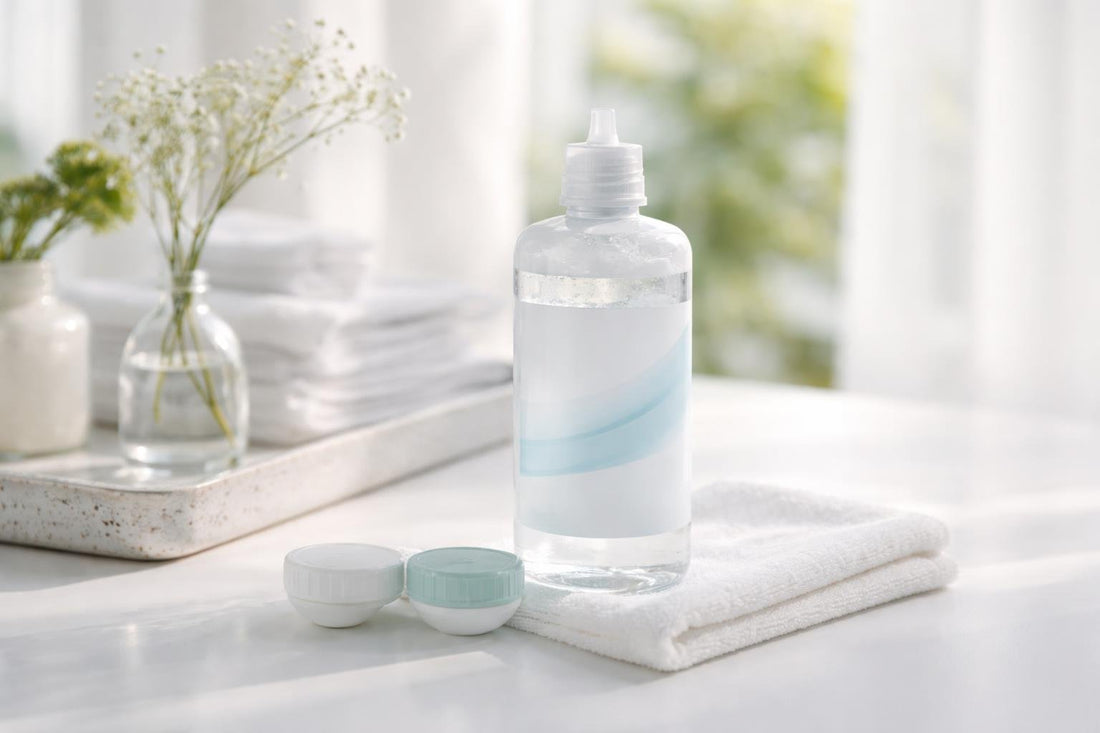 Gentle contact lens soaking solution bottle beside lens case