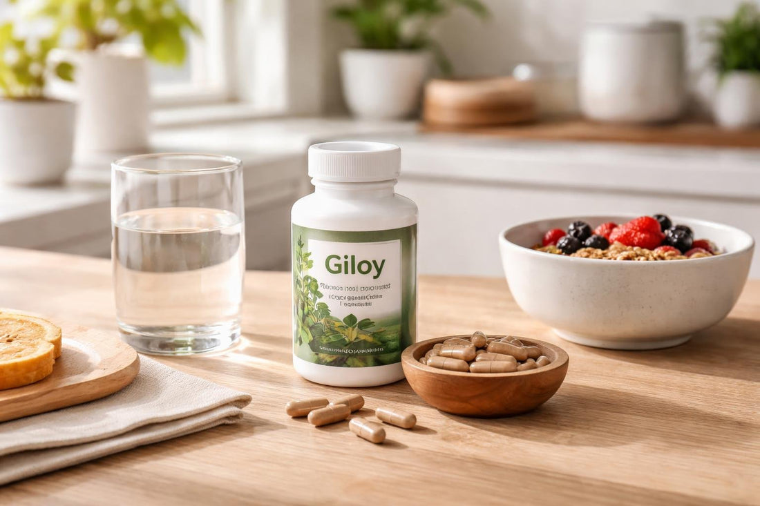 Giloy herbal supplement capsules beside water and breakfast