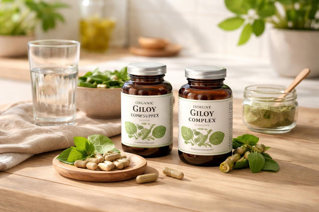 Giloy supplement bottles and capsules on wooden surface