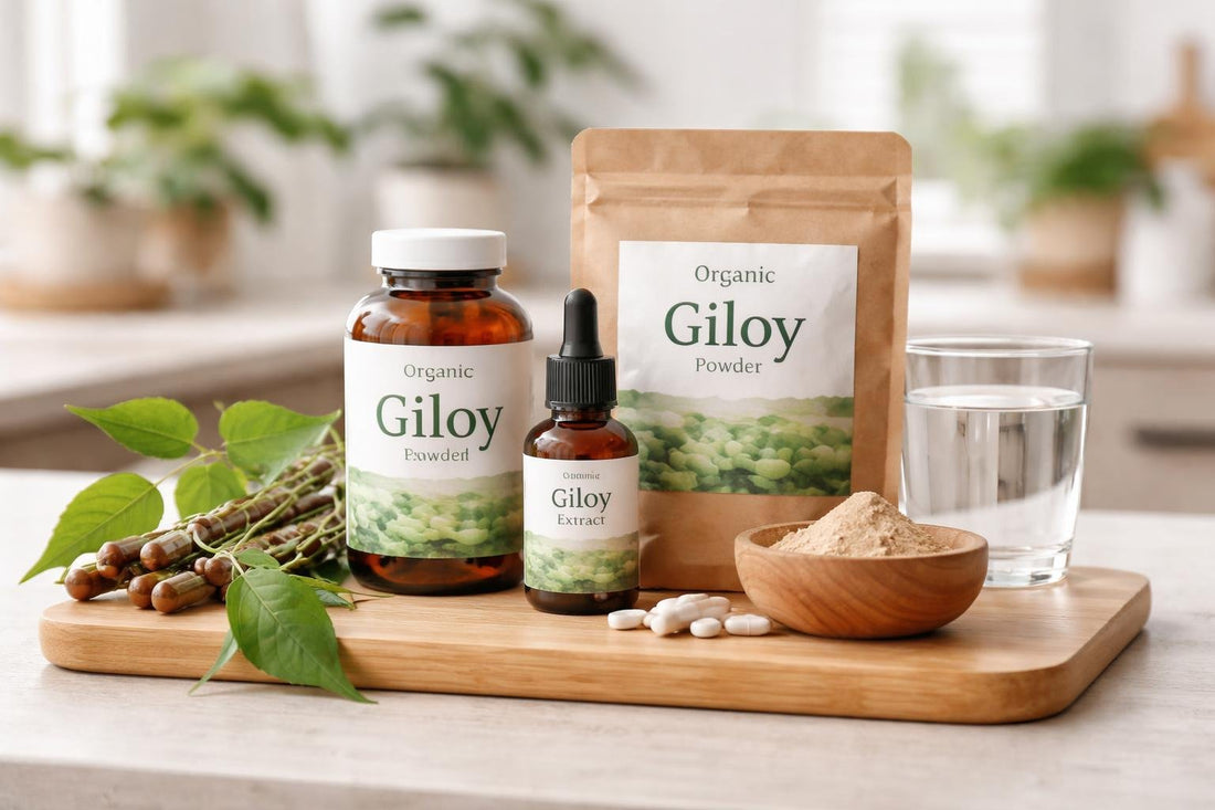 Giloy herbal supplement collection on wooden tray