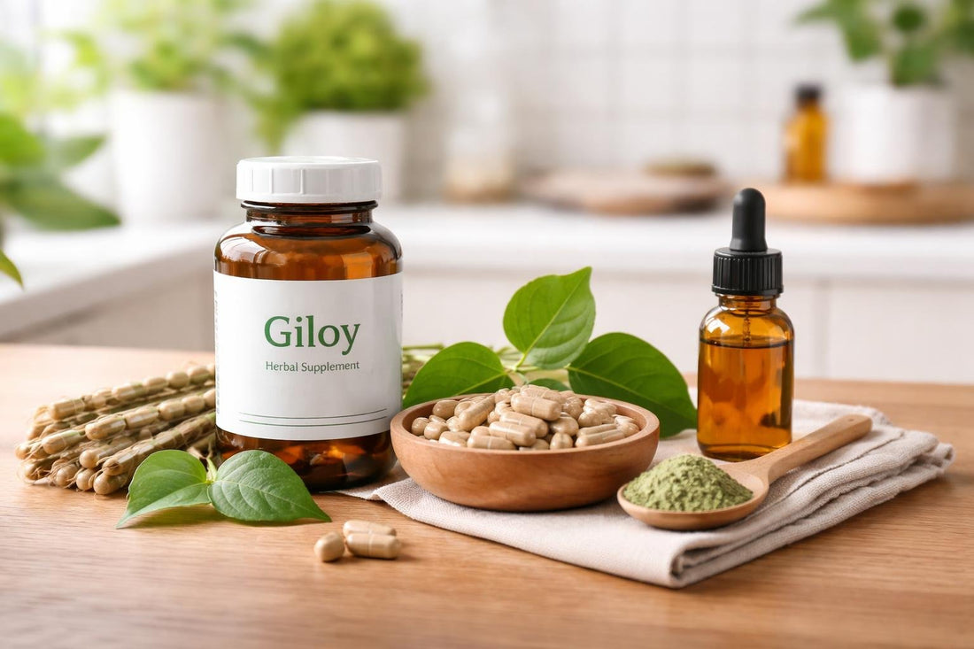Giloy supplement capsules and leaves on wooden table