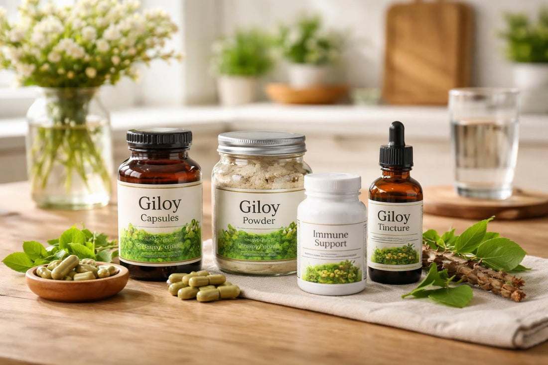 Giloy herbal supplements collection on wooden table UK