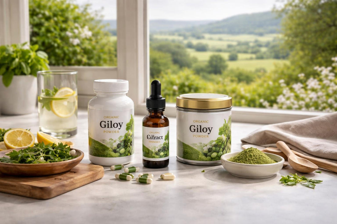 Giloy herbal supplements displayed with Yorkshire countryside backdrop