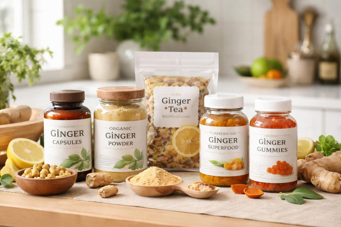 Collection of ginger supplements and herbal blends on wooden table