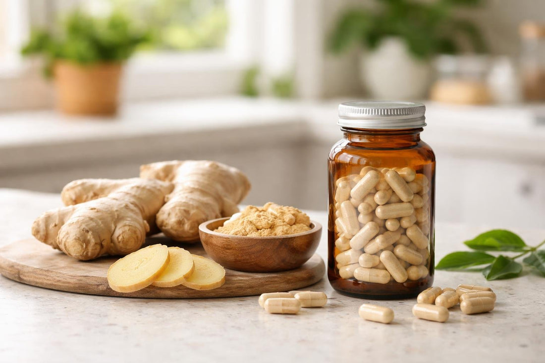 Ginger herbal supplement capsules beside fresh ginger root