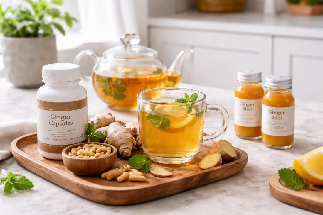Ginger capsules, tea and shot options for seasonal wellness