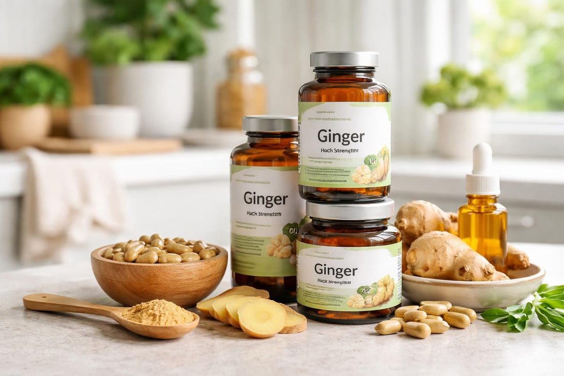 Stacked ginger supplements and capsules close-up