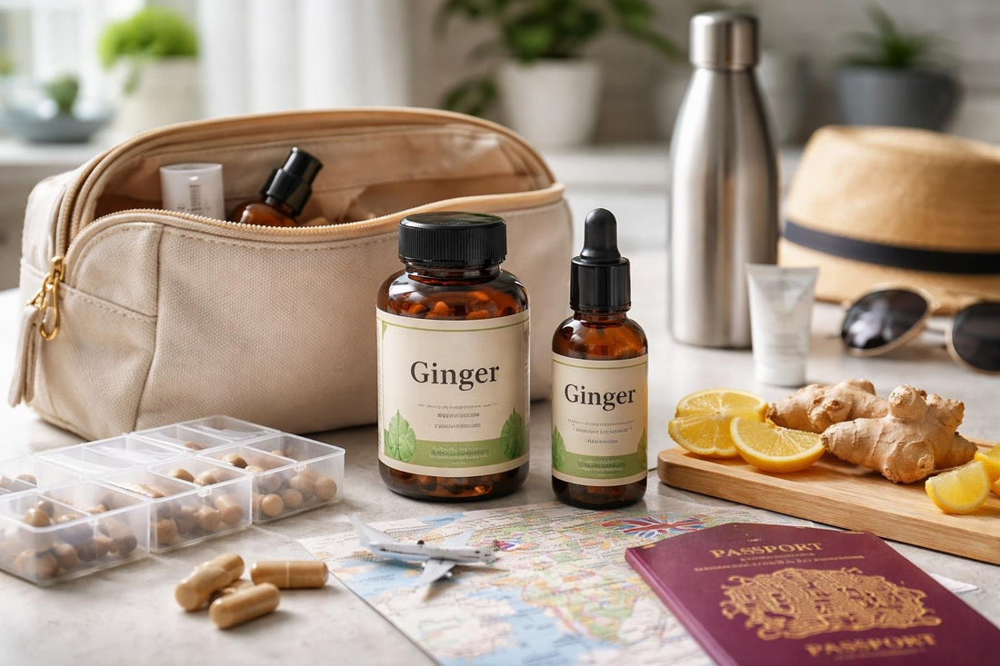 Travel kit with ginger supplements and travel essentials