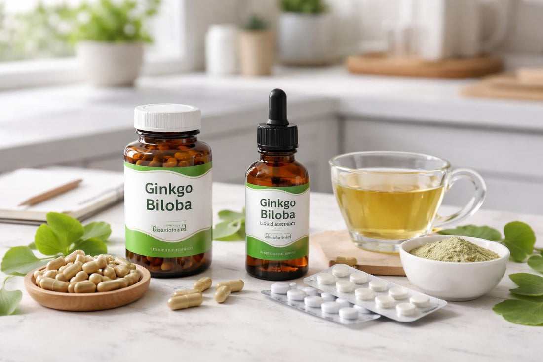 Ginkgo biloba supplement forms with capsules and dropper