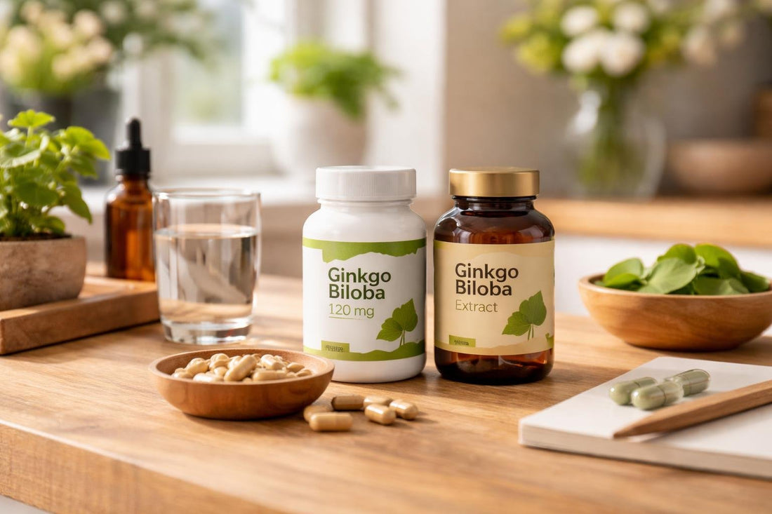 Ginkgo Biloba supplement bottles and capsules on wood