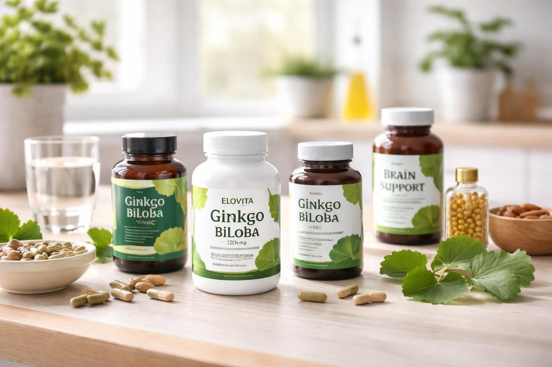 Selection of Ginkgo supplement bottles on table