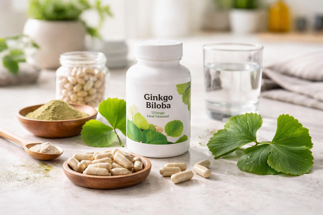 Close-up Ginkgo Biloba capsules and leaves on table