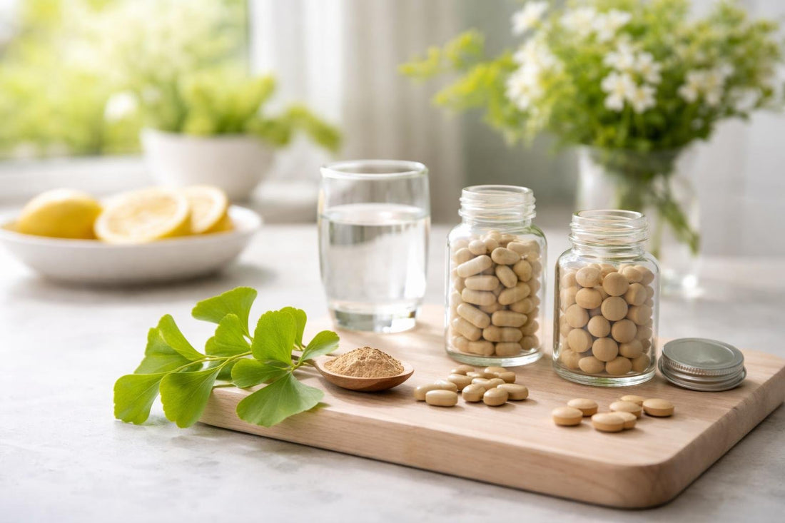 Ginkgo biloba capsules and tablets on a spring morning