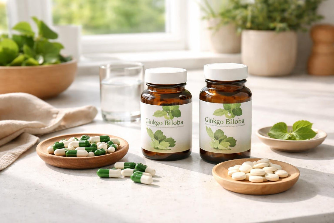 Ginkgo biloba capsules and tablets on a kitchen counter