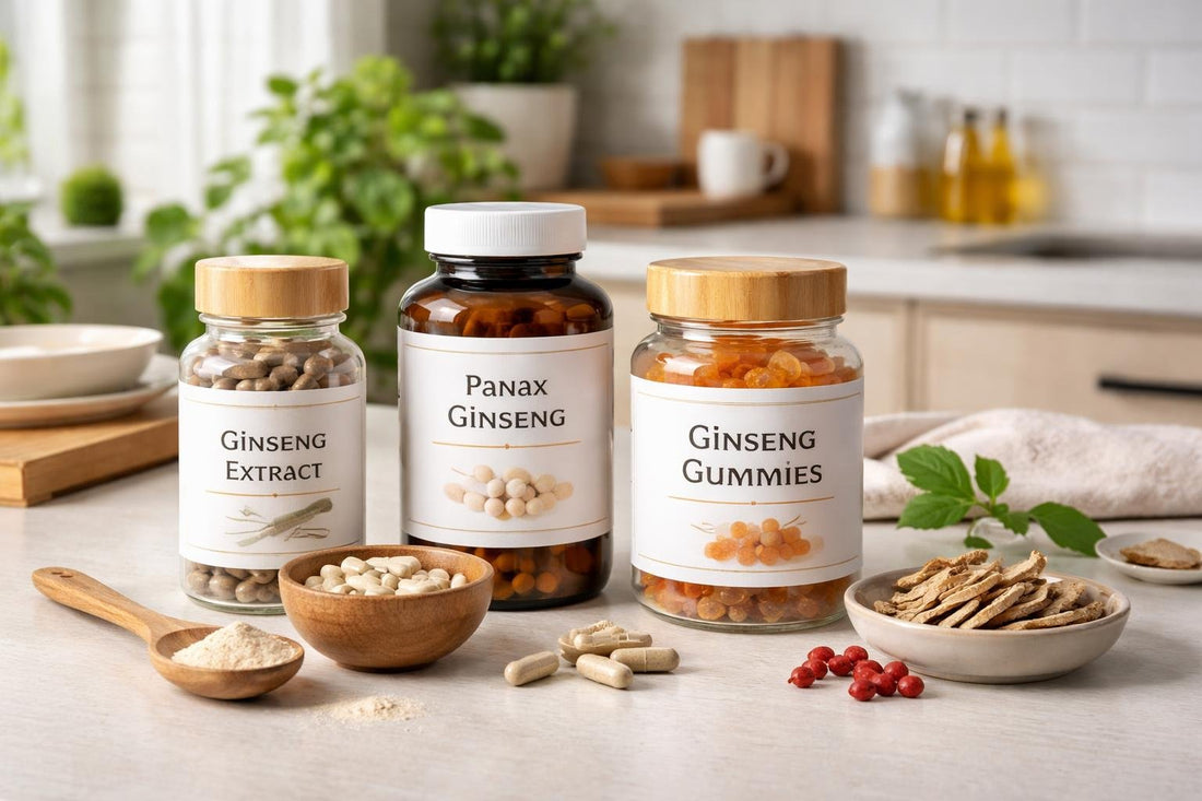 Assorted ginseng supplements and capsules on table UK