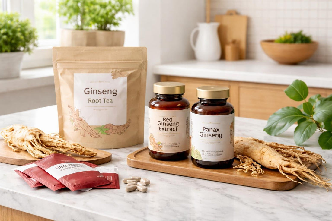 Assorted ginseng roots, red ginseng tea packets and packaging