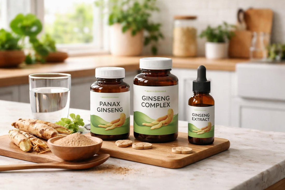 Ginseng herbal supplement bottles on a Yorkshire kitchen counter