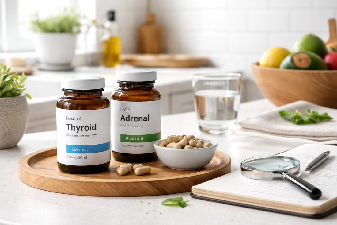 Glandular extract supplements, bottles and quality checks