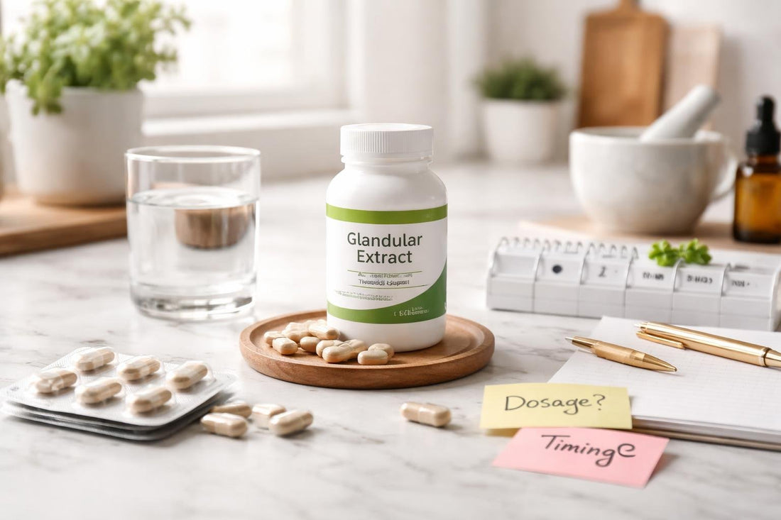 Glandular extract supplement capsules with label safety notes