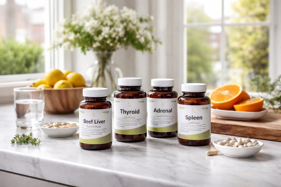Selection of glandular extract supplement bottles in London