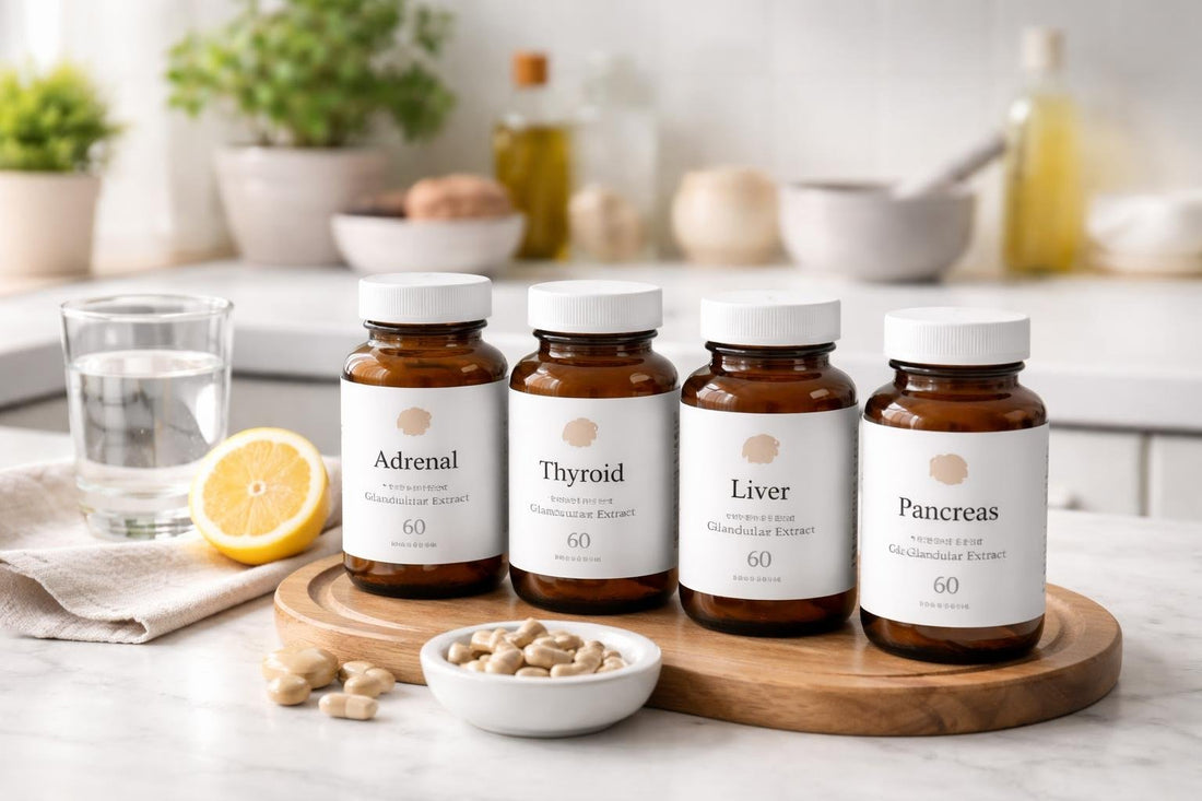 Selection of glandular extract supplements and packaging UK