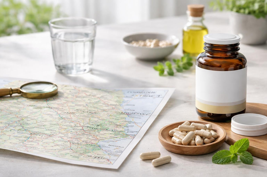 Glandular extract supplement capsules beside a Yorkshire map