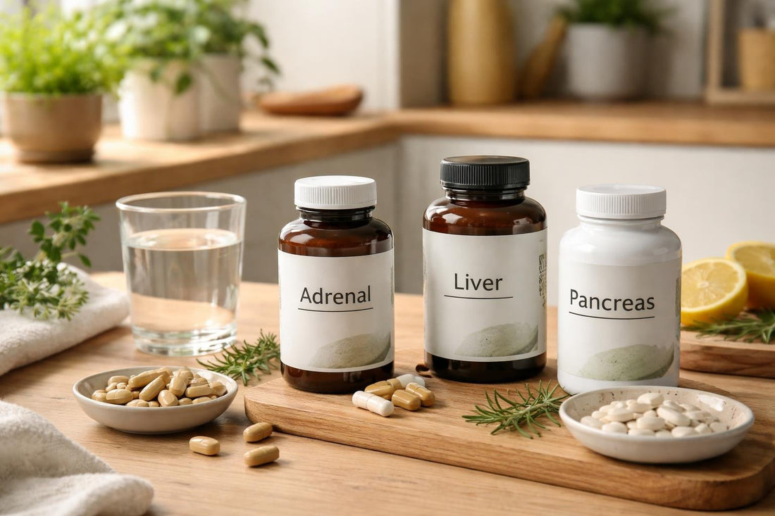 Assorted glandular supplement bottles on wooden surface