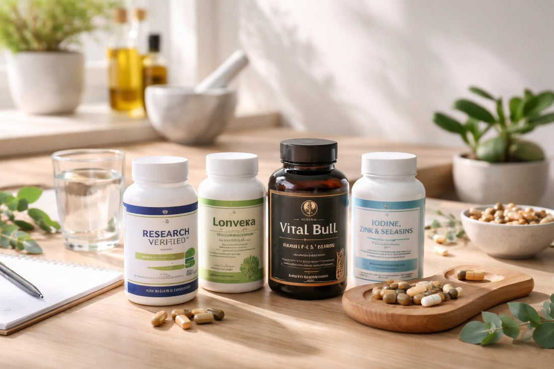 Assorted glandular extract supplement bottles on wooden table