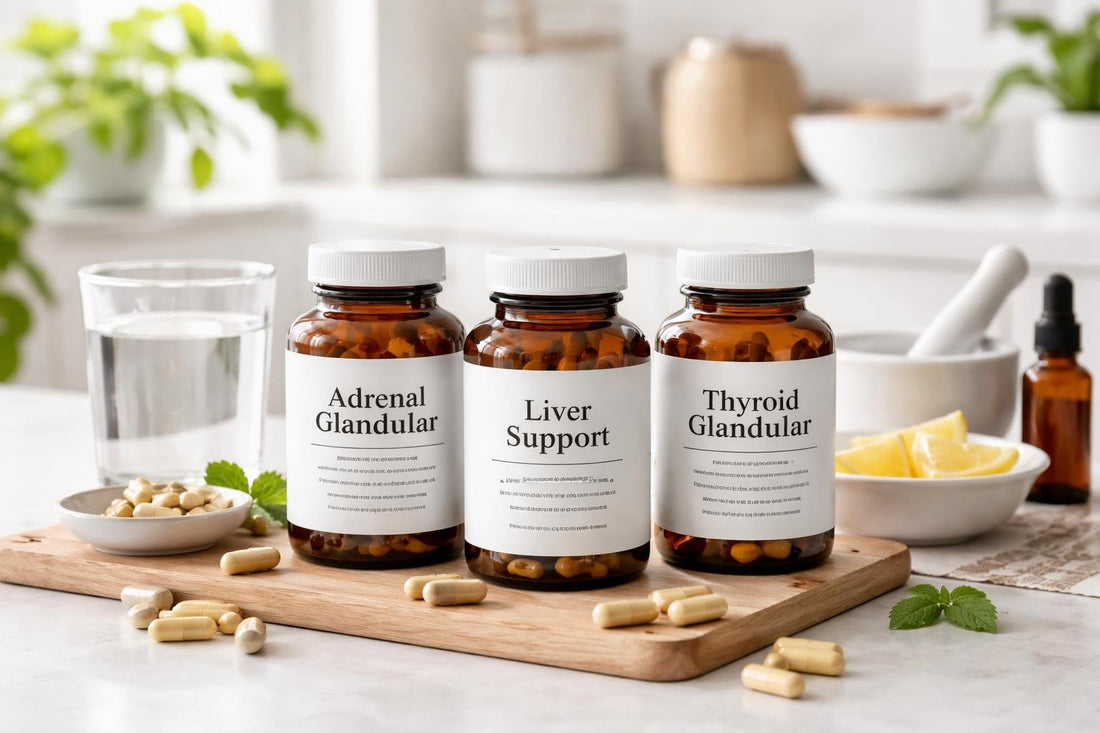 Selection of glandular extract supplements and capsules