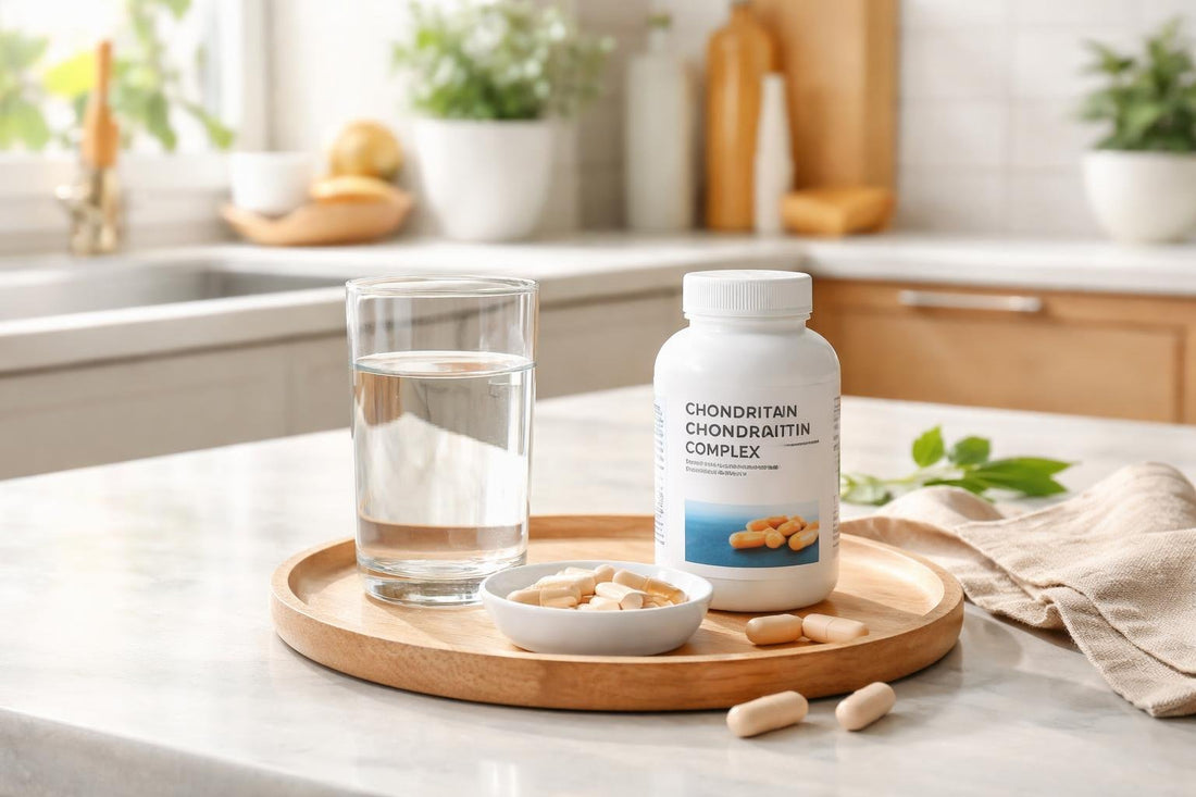 Glucosamine and chondroitin capsules with a glass of water