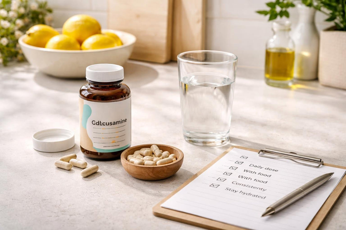 Glucosamine capsules and water beside joint support checklist