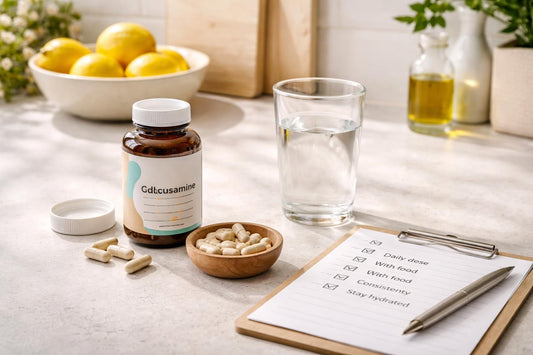 Glucosamine capsules and water beside joint support checklist