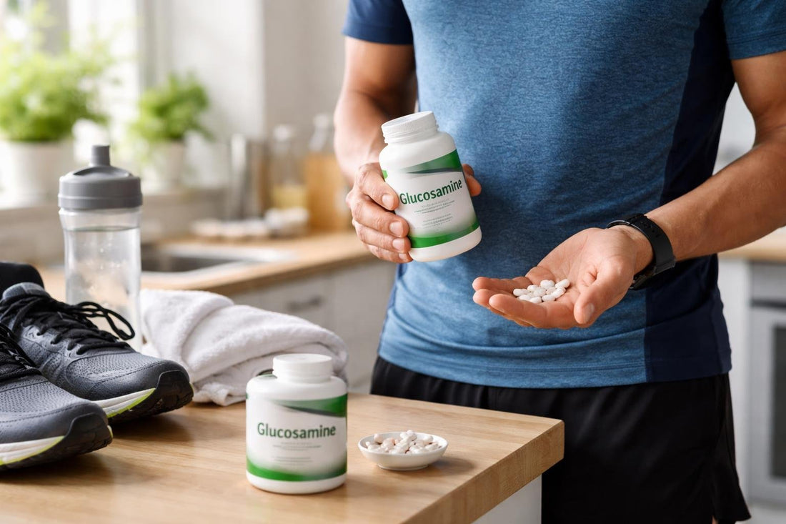 Runner holding glucosamine supplement bottle and pills