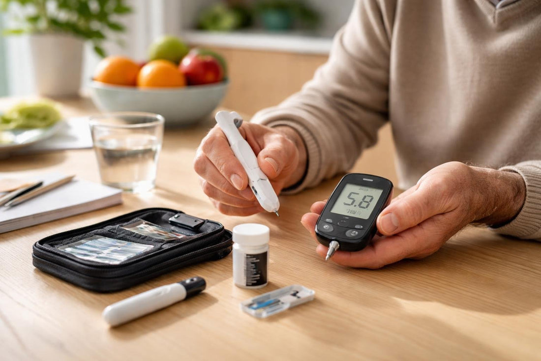 Senior using a blood glucose monitoring meter