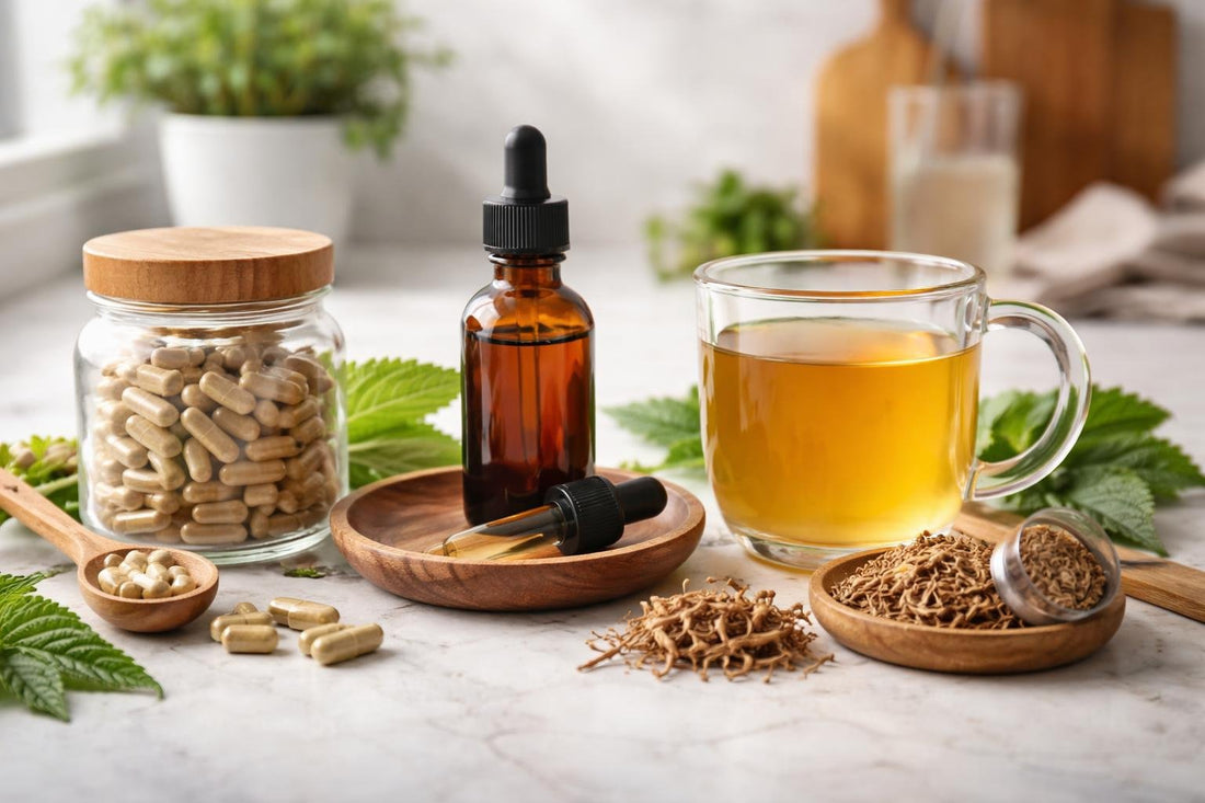 Goldenseal capsules tincture and tea on a kitchen counter