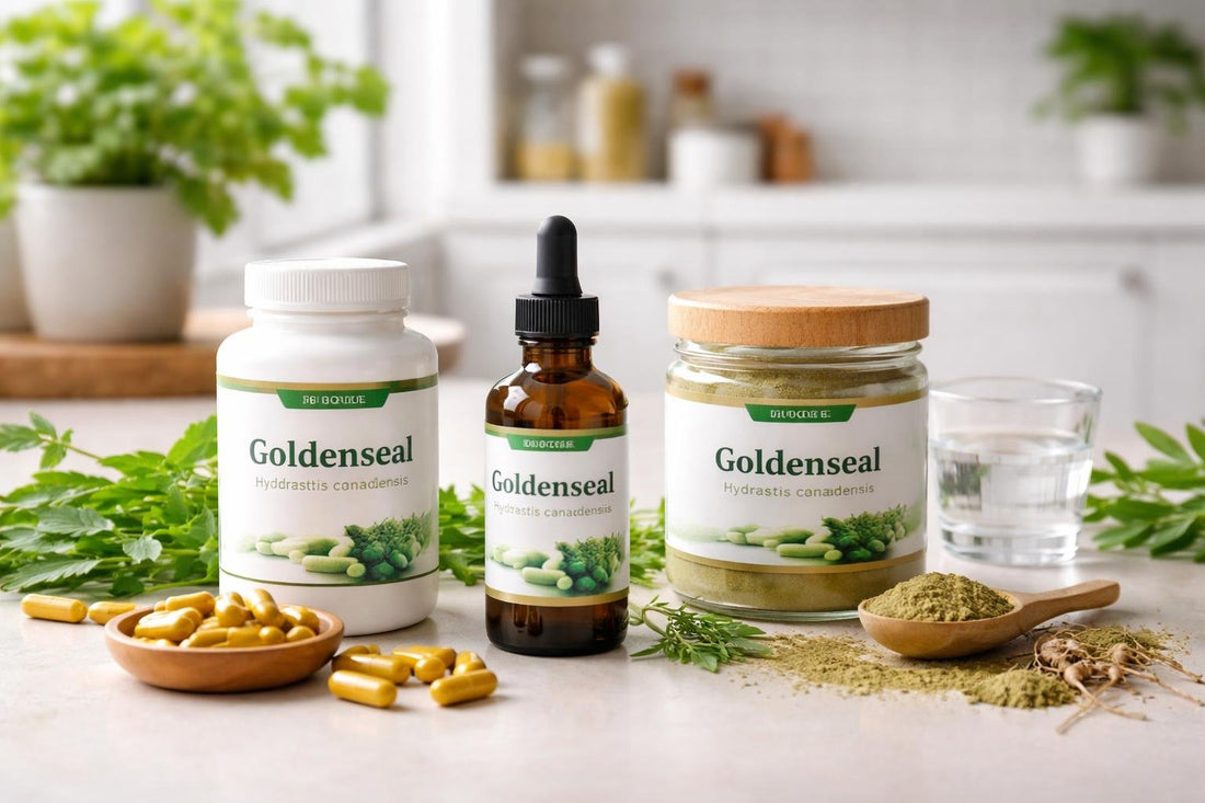 Goldenseal supplements collection bottles and capsules