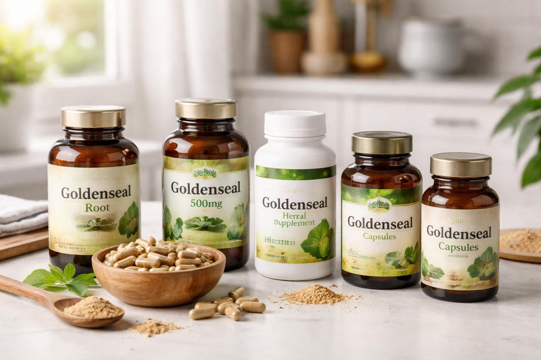 Goldenseal supplements assorted bottles and capsules