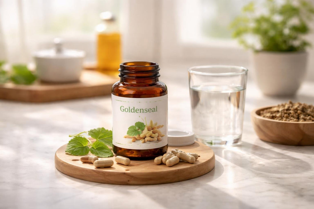 Goldenseal botanical supplement capsules with water on table