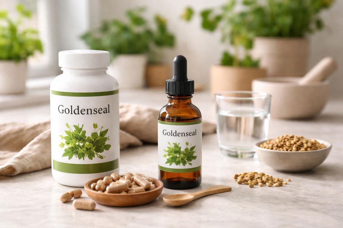 Goldenseal botanical supplement capsules and tincture on table