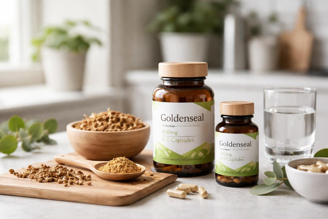 goldenseal supplement bottles and dried root close-up