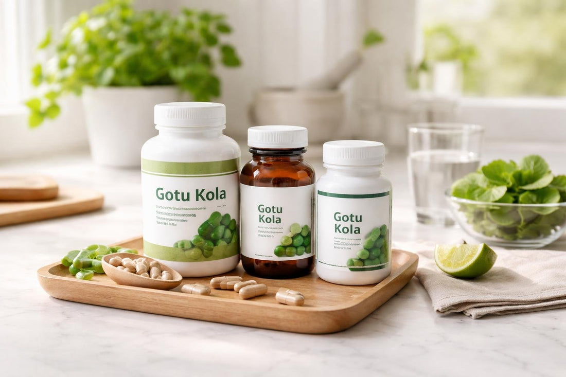 Gotu kola supplement bottles and capsules on table