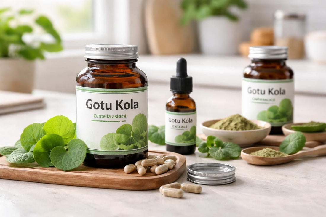 Gotu Kola supplement capsules and fresh leaves