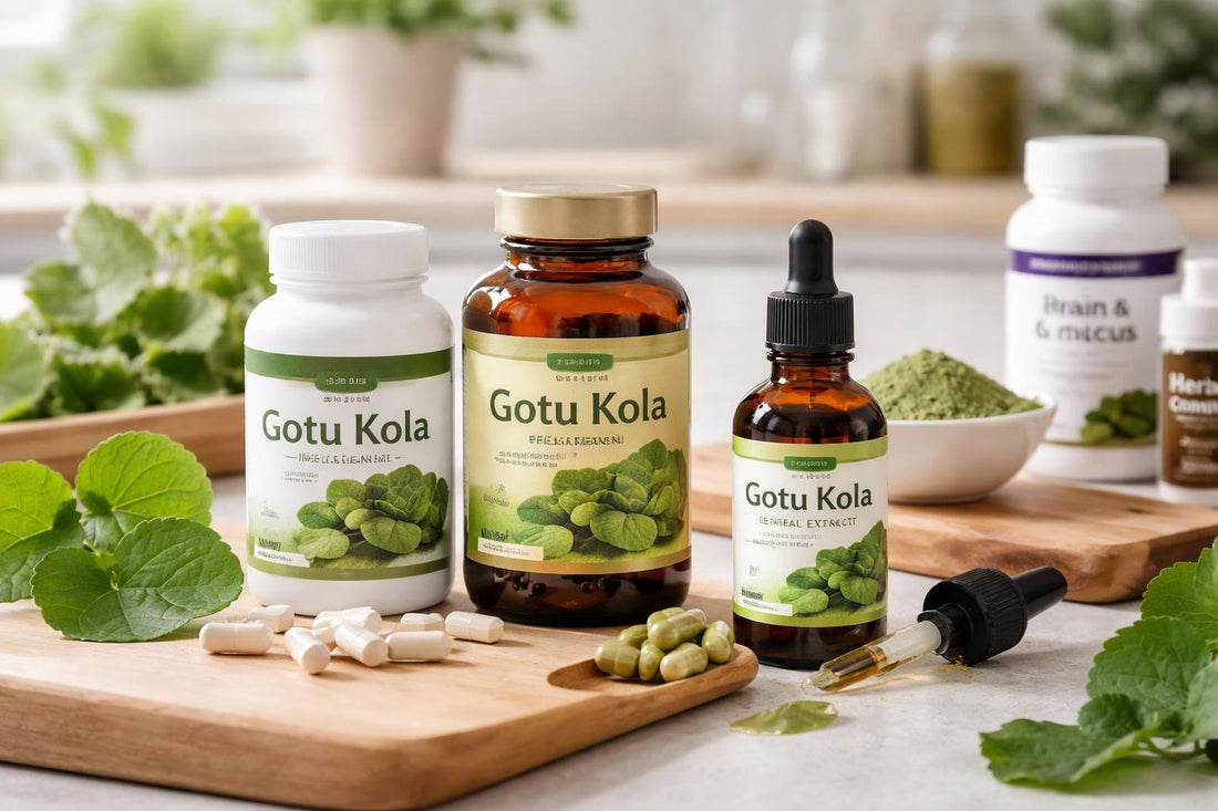 Selection of gotu kola supplement bottles and leaves