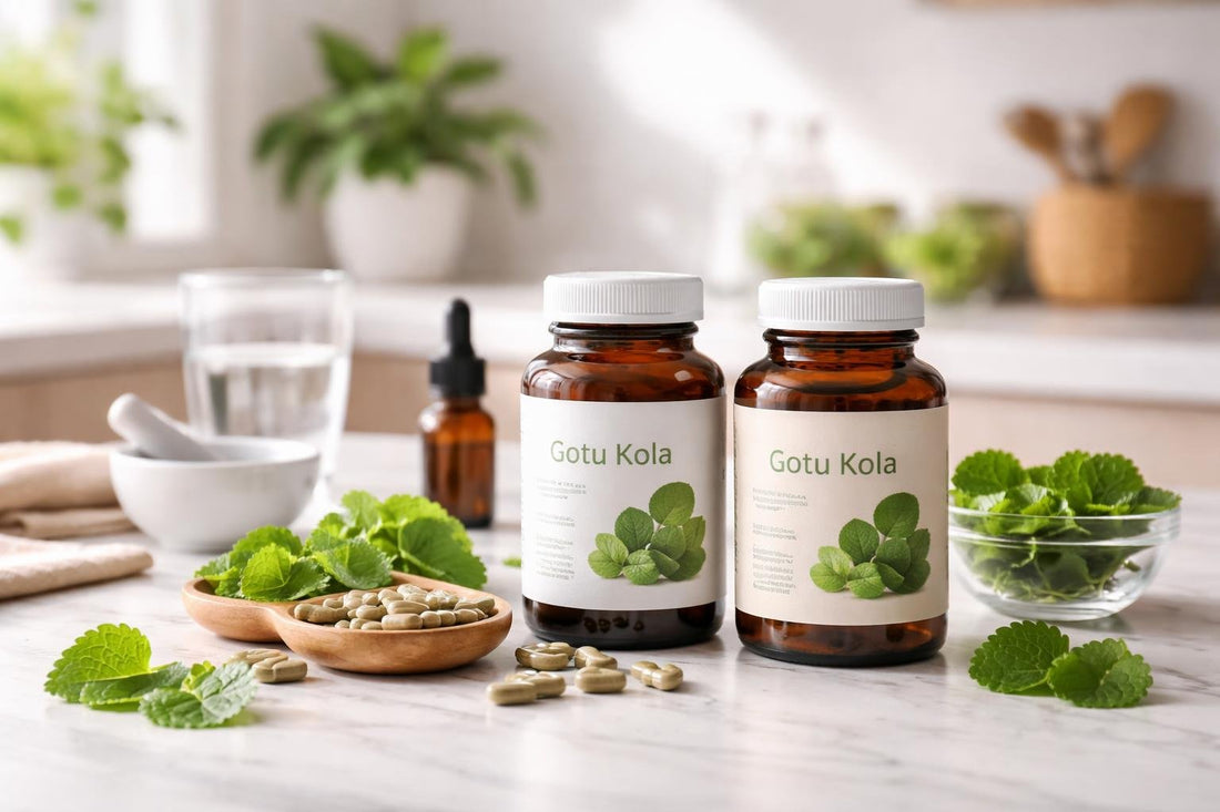 Gotu kola supplement bottles with fresh leaves