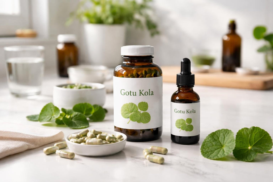 Gotu kola supplement bottles and capsules close-up