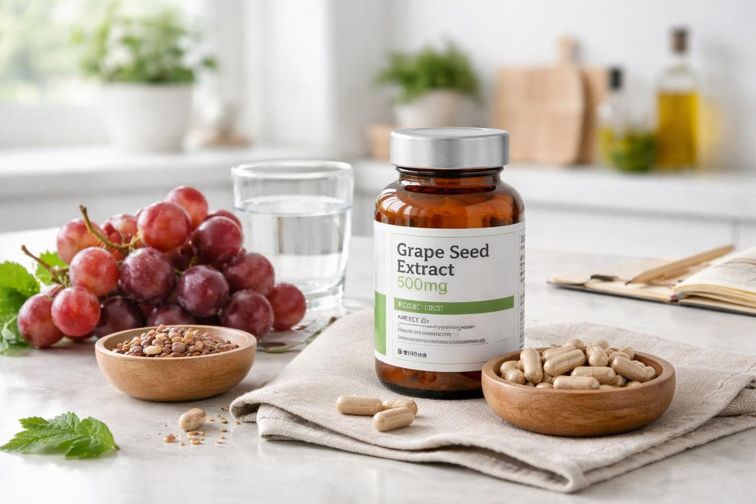Grape seed extract capsules with label directions on table
