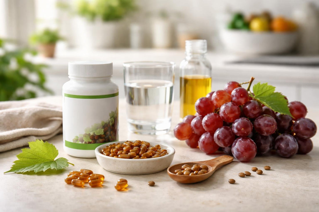 Grape seed extract capsules and grape bunch on table