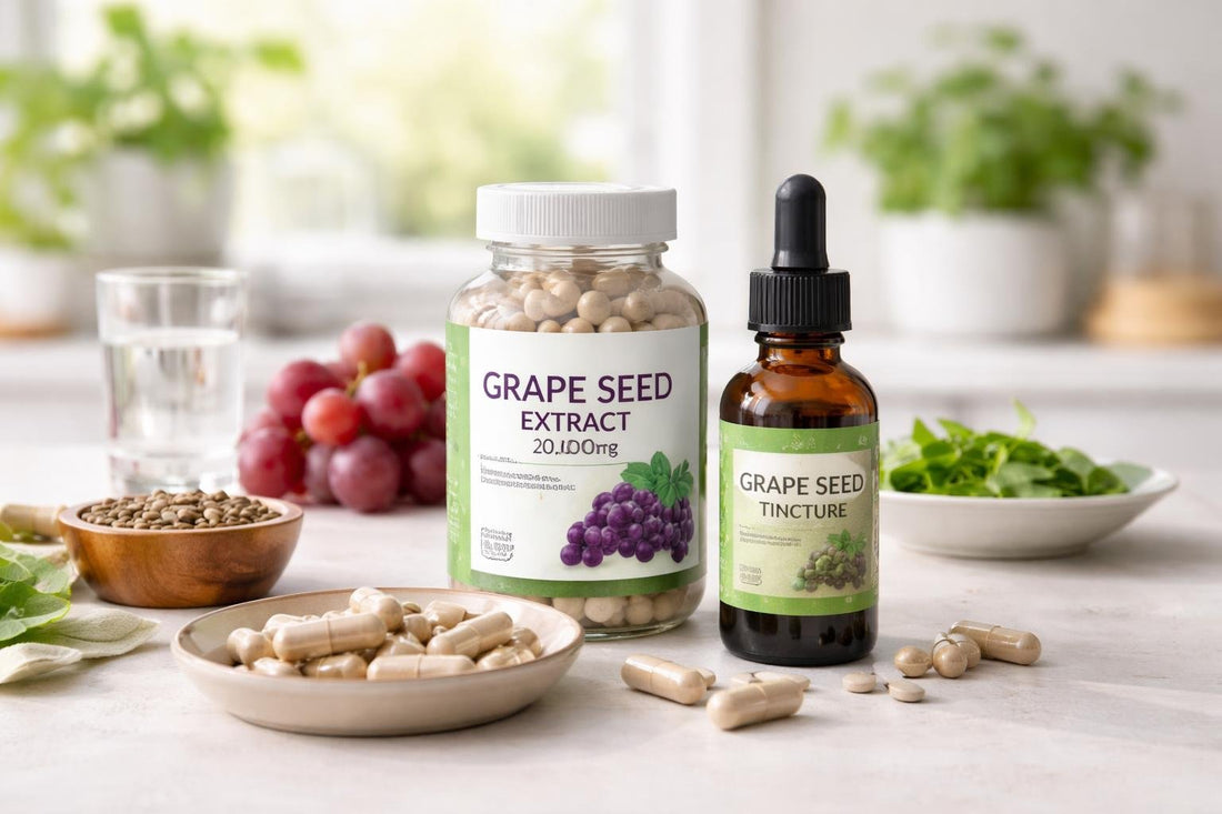 bottles of grape seed extract supplements and capsules