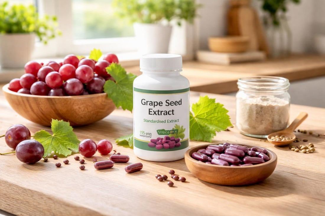 Vegan grape seed extract supplements on wooden table