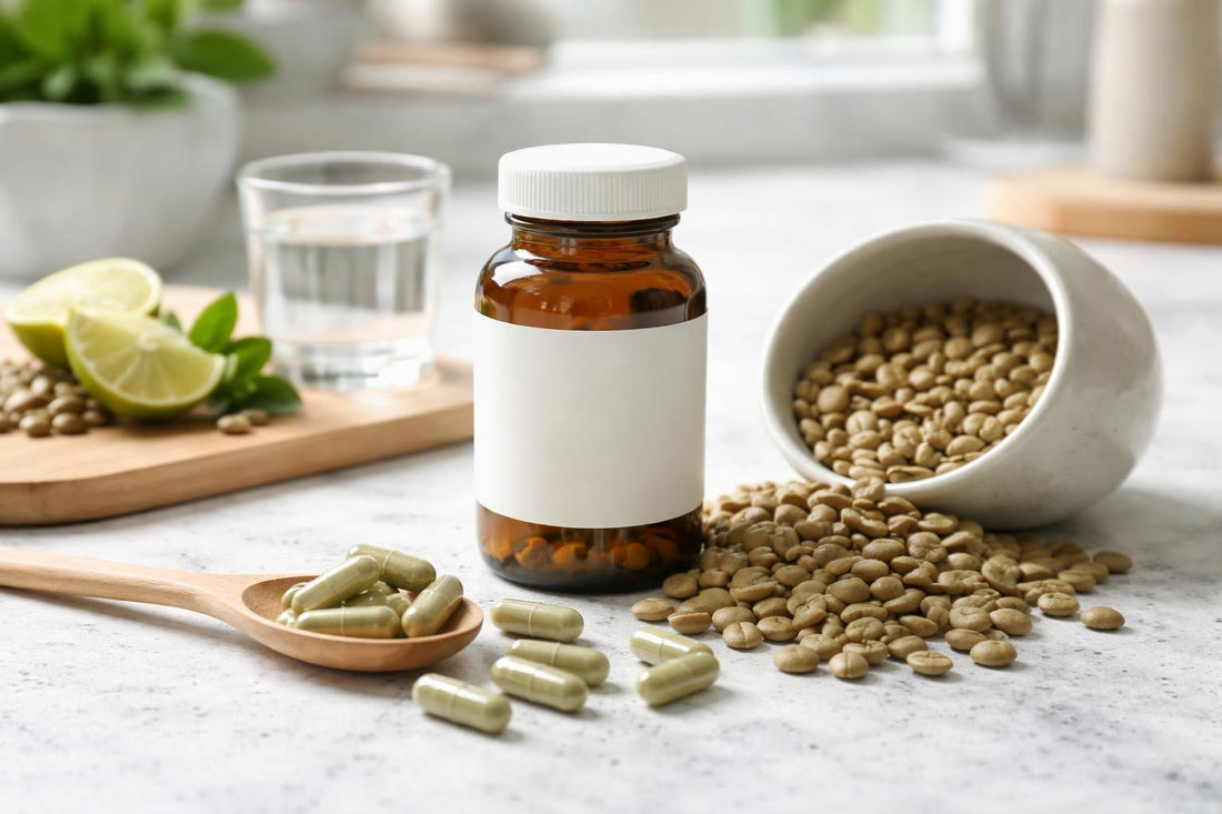 Green coffee bean extract capsules beside coffee beans